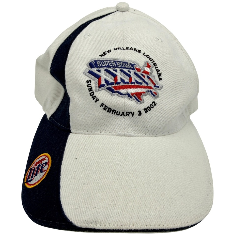 VINTAGE‎ 2002 Miller Lite Super Bowl XXXVI Hat Men OSFM White Navy NFL Promo Cap
